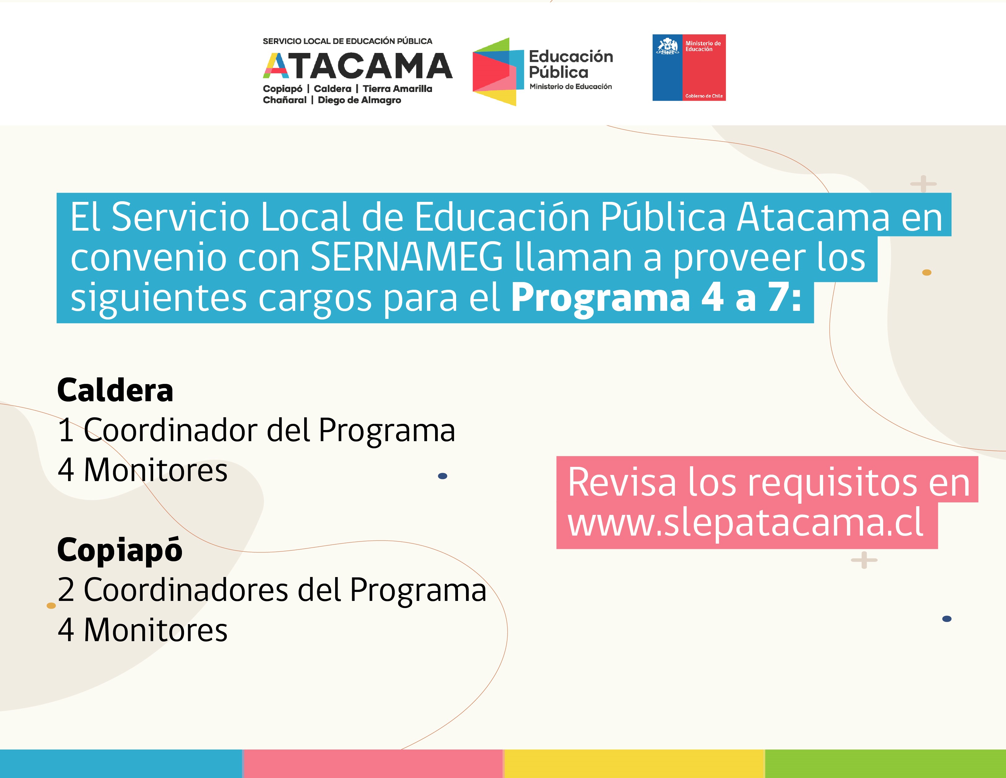 SLEP Atacama y SERNAMEG llaman a proveer cargos para el Programa 4 a 7